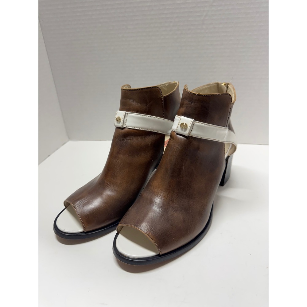 Capezzani Italy Brown Leather Peep Toe Cutout Block Heel Booties 38‎ 7.5